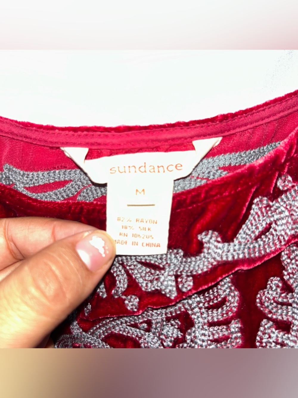 SUNDANCE Women's Velvet Embroidered Top in Crimson Red - Picture 3 of 4
